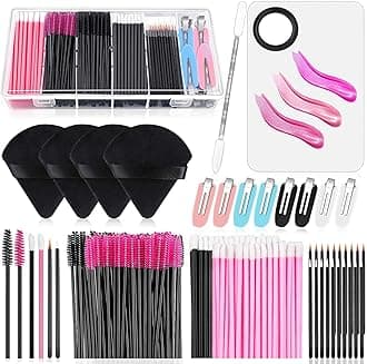Audab Disposable Makeup Applicators Kit with Triangle Puff Mixing Palette, Artist Supplies Disposable Mascara Wands, Lip Brushes, Hair Clips Powder Puffs for Face with Storage Box