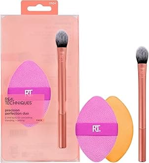 Real Techniques Precision Perfection Duo, Viral Kitten Paw Concealer Brush & Dual-Sided Powder Puff For Powder & Foundation, Travel Friendly Makeup Brush Set, Cruelty-Free, 2 Piece Set