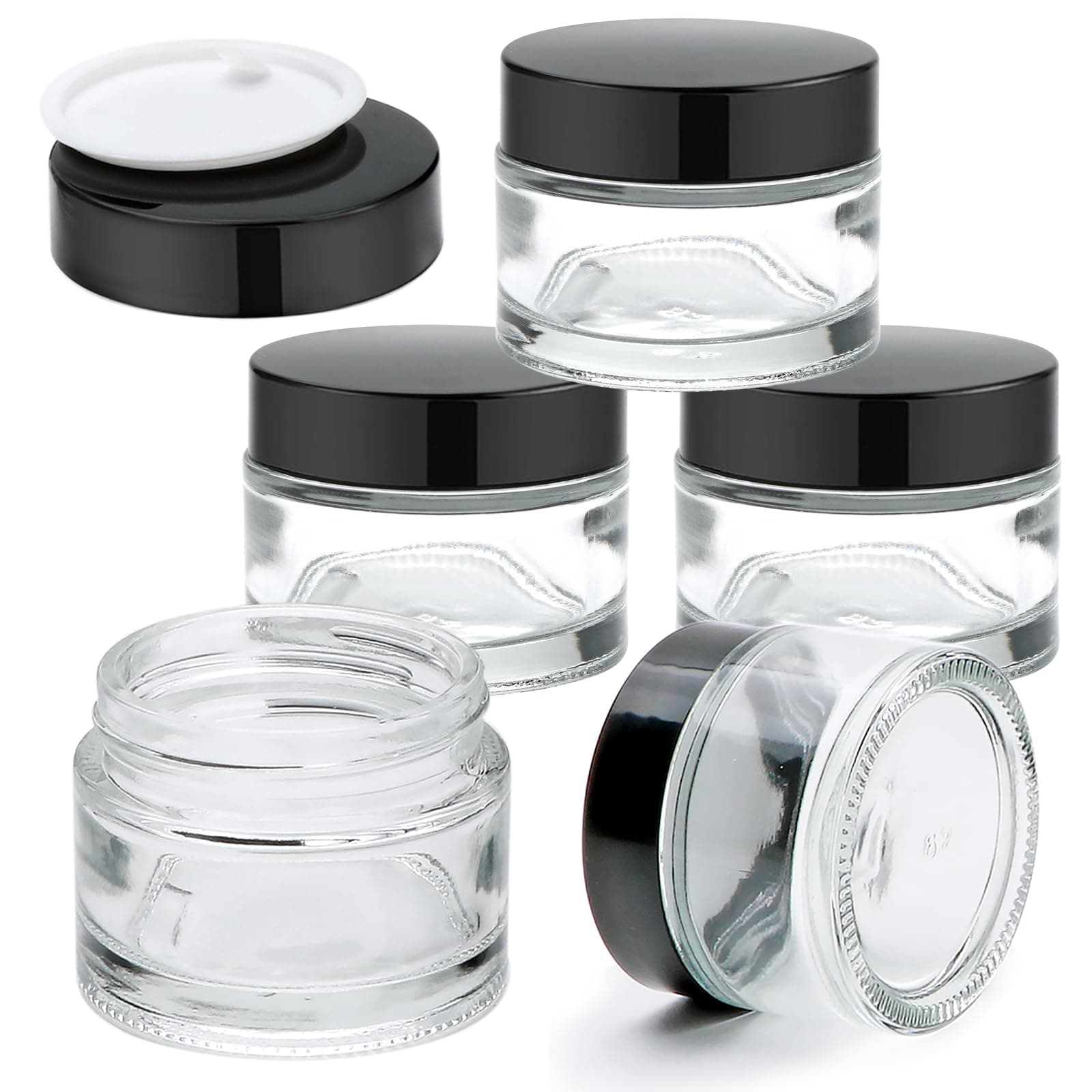 Glass Jars With Lids 2 oz 5 Pack - Clear Small Jar With Black Lids, Travel Containers With Inner Liners, Upgraded Mouth Design
