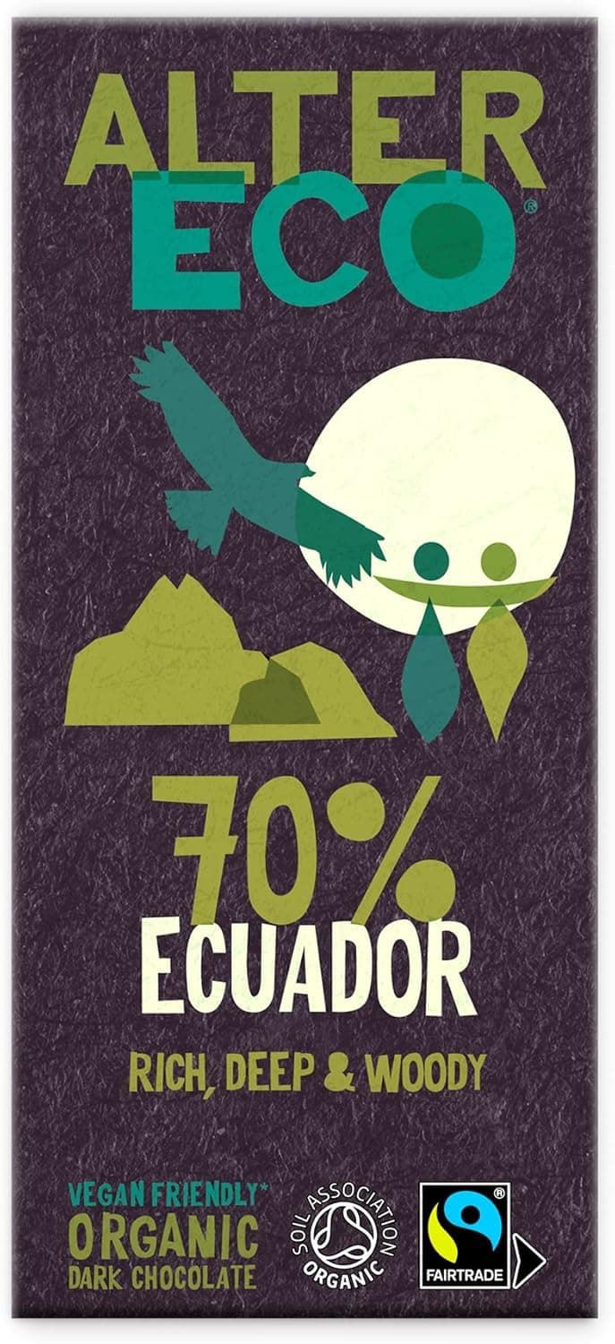 70% Ecuador Dark Chocolate Bar, Luxury Vegan Chocolate, Organic Chocolate & Fairtrade Chocolate, Low Sugar Chocolate Bar, Eco Conscious Vegetarian Chocolate, GMO Free - 1 x 100g