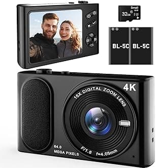 4K UHD Digital Camera, 64MP Compact Point and Shoot Camera with 16X Zoom, Anti-Shake, Black