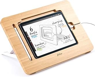 Adjustable Tablet Stand with Pencil&Charger Cable Slot,Bamboo Wooden Stand with Multiple Angles,Organizer Desktop Holder for Drawing,Compatible with ipads(Support to 9.7-11" Devices)