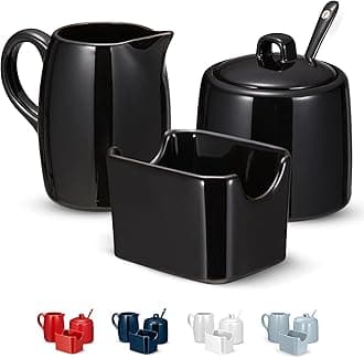 Sugar and Creamer Set, 3 Piece, Pitcher, Sugar Bowl with Lid and Spoon, Sweetener Holder (Black)