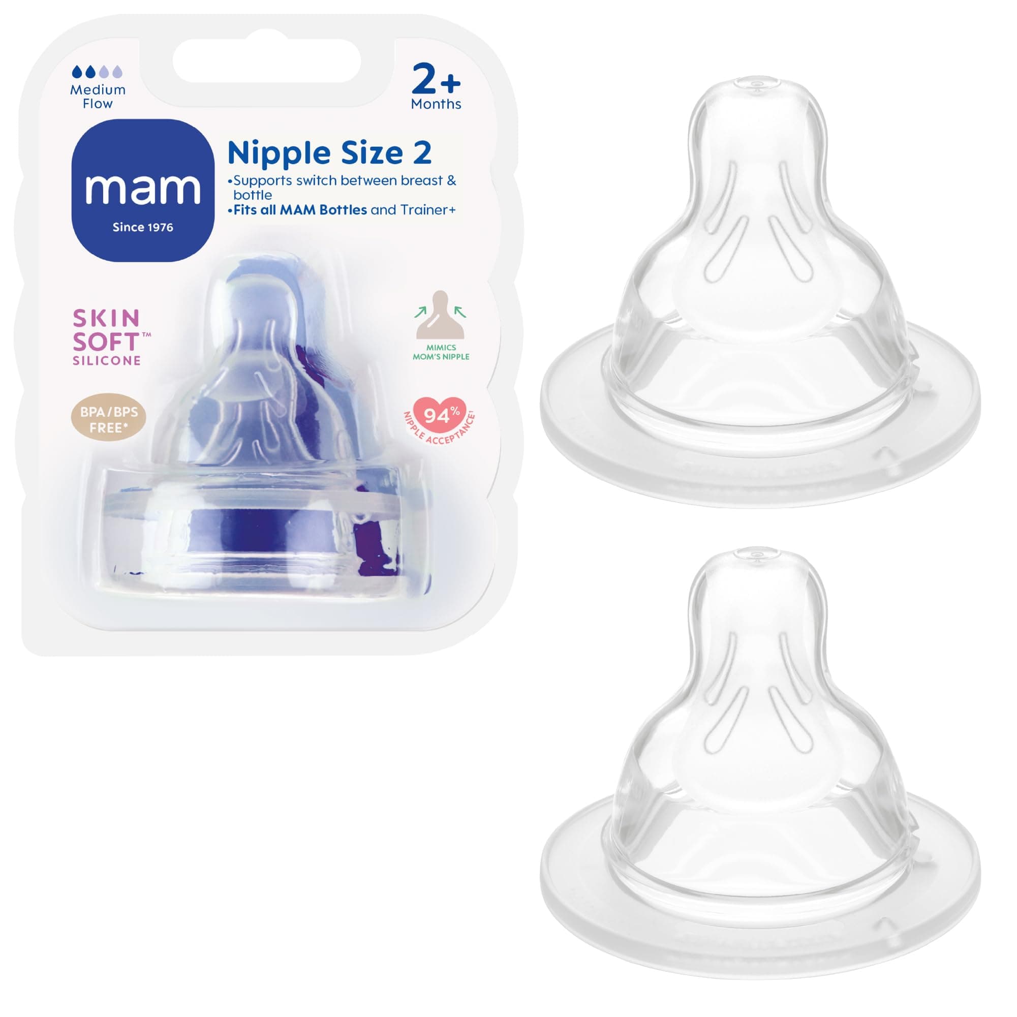 Bottle Medium Flow Level 2 (Set of 2), For 2+ Months, SkinSoft Silicone for Baby Bottles, Fits all MAM Bottles