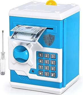 ATM Piggy Bank for Boys Girls, Vcertcpl Mini ATM Coin Bank Money Saving Box with Password, Kids Safe Money Jar for Adults with Auto Grab Bill Slot, Great Gift Toy Bank for Kids(Blue White)