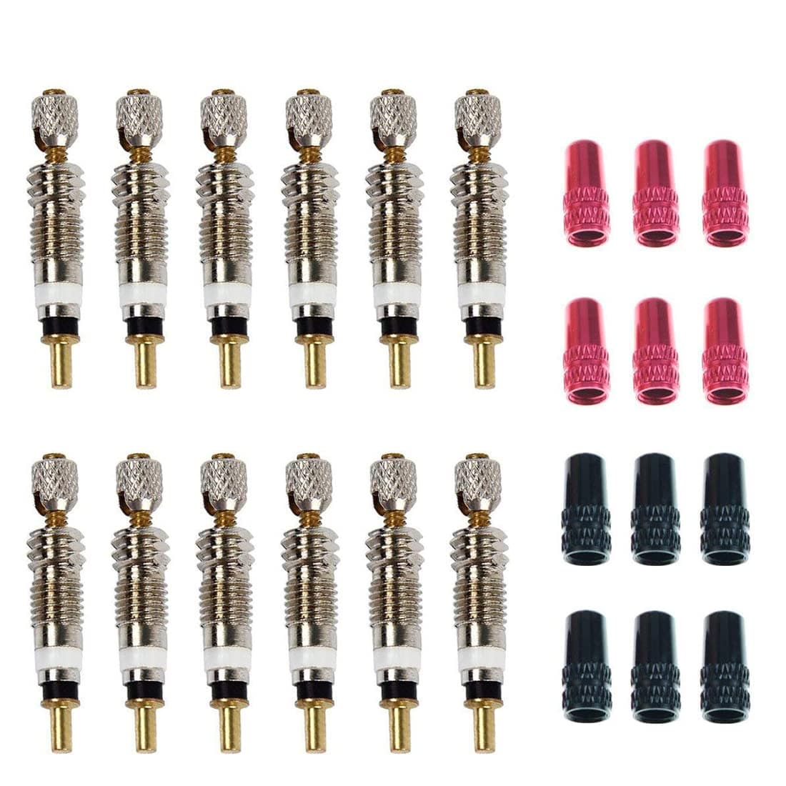 Presta Valve Core(12 Pack) and 12 Anodized Alloy Presta Valve Caps for Tubeless Road & MTB Bike Works w/Stan's, Vittoria, Continental, Kenda & More. No-Leak Replacement Presta and Schrader Valve Cor