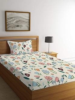 LOOMLYFE Cotton Feel Glace Cotton Elastic Fitted Printed Single Bed Bedsheet with 1 Pillow Cover Fits Upto 6 inches Mattress,Size- 42x75x8 Inches, PeachFlower