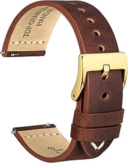 WOCCIWOCCI 18mm Old-fashioned Watch Band for Men, Top Grain Leather, Golden Polished Buckle (Pecan Brown)