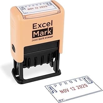ExcelMark 2445 Date Stamp with Text - Blue and Red Ink (Peach Mount, Approved)