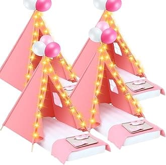 Windyun 4 Pack Kids Teepee Tent Bulk with Light and Inflatable Airbed, Natural Cotton Toddler Play Tent Washable for Girls Boys Indoor Outdoor Slumber Party Birthday Gifts (Pink)