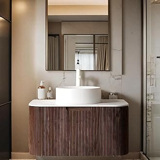 30 inch Floating Bathroom Vanity with Sink, Natural Solid Wood Modern Bathroom Vanities with Ultra-Thin Ceramic Basin and Marble Top, Soft-Close Drawer, Pre-Assembled, Dark Walnut