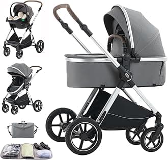 3 in 1 Baby Stroller with Height Adjustable Handle,3 in 1 Prams Travel System, Lightweight Foldable Pushchair, Prams with Aluminum Frame for Portable Baby Carriage
