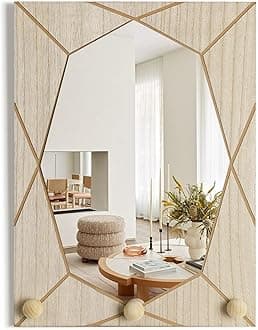 Mirror Wall Decor for Living Room Bedroom, Cottage Octagon Decorative Mirror Art for Modern Rustic Boho House, Geometric Hanging Wall Art Accent Above TV Desk Bed Table Decor, 15.6x11.6