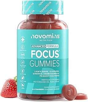 Focus Gummies - Ashwagandha, Lions Mane, Gingko Biloba, Vitamin B12 & Caffeine - 1-Month Supply - Focus, Memory & Energy Support - Gluten-Free Nootropics & Mushrooms - 60 Gummies - Novomins