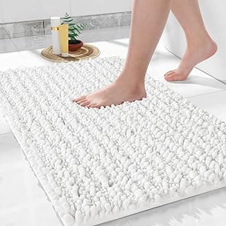 (80cm x 50cm, Bright White) - Original Luxury Chenille Bath Mat, Soft Shaggy and Comfortable, Large Size, Super Absorbent and Thick, Non-Slip, Machine Washable, Perfect for Bathroom (80cm ...