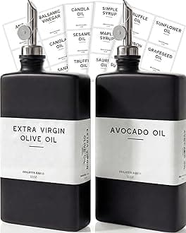 Black Glass Olive Oil Dispenser Bottle for Kitchen by Brighter Barns - Soy Sauce Dispenser, Coffee Syrup Bottle - Kitchen Decor for Restaurant, Airbnb, Coffee Bar Accessories (Black/Silver, Set of 2)