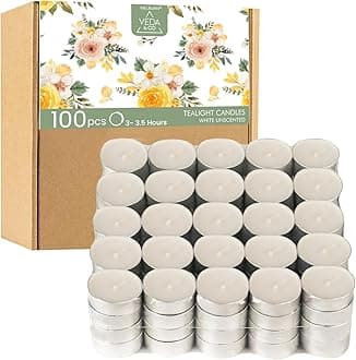 Welburn Veda&Co™ Tealight Candles - Pack of 100, 3 to 3.5 Hours Burn Time, Smokeless Unscented Tea Light 100% Fully Refined Paraffin Wax, Dripless, Christmas, Weddings Home Decor, Shabbat,