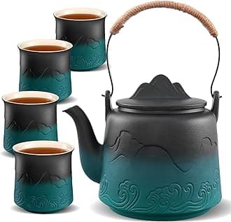 Vintage Japanese Ceramic Teapot Set, Gradient Embossed Loose Leaf Teapot with Hemp Rope Handle, 33.8 oz Japanese Tea Set with 4 Cups for Gifts, Black & Green