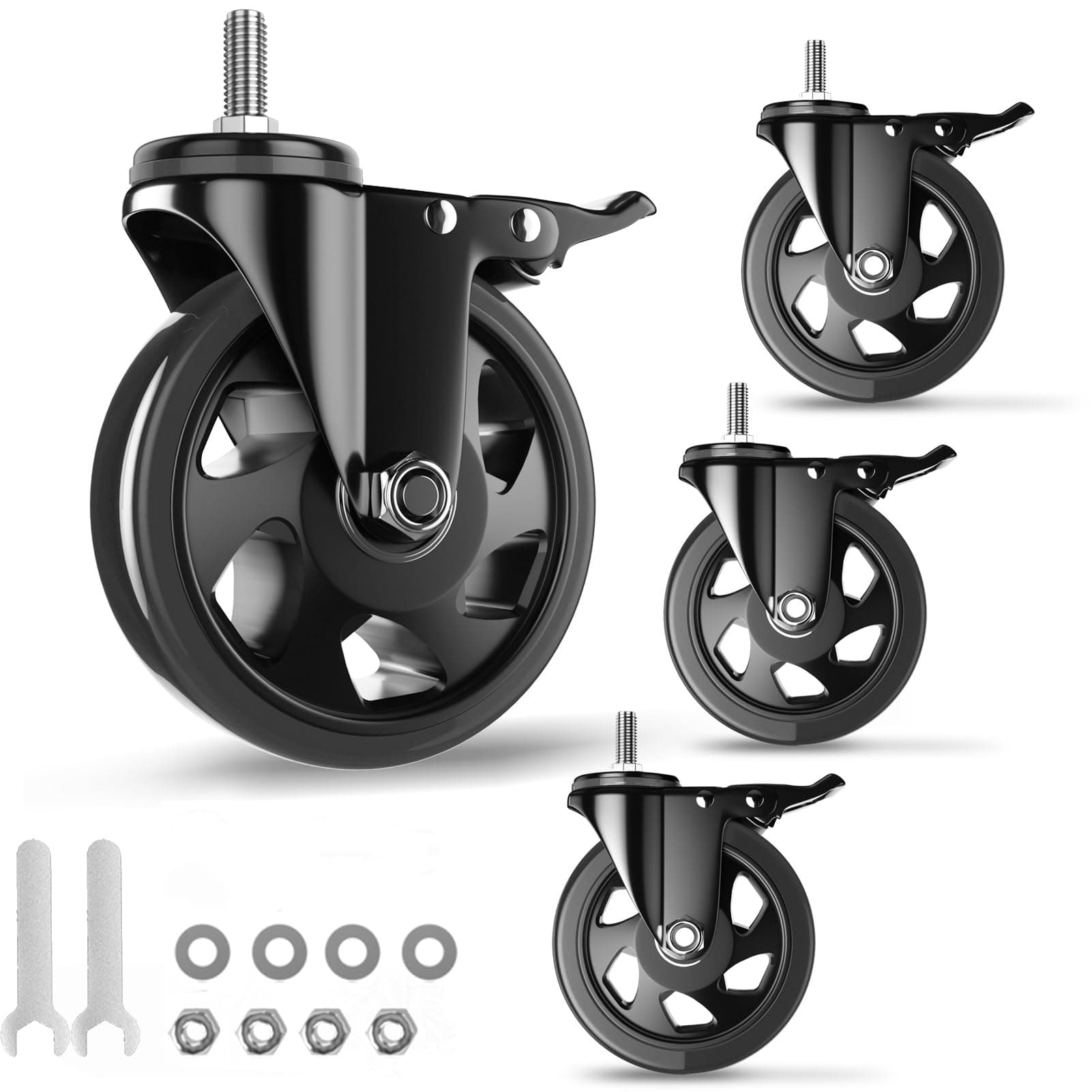 5 Inch Stem Caster Wheels Heavy Duty, Threaded Stem Casters Set of 4, Cart Wheels 1/2"-13 x 1" (Screw Diameter 1/2", Stem Length 1"), Safety Dual Locking Industrial Casters, Cart Wheels for Furniture