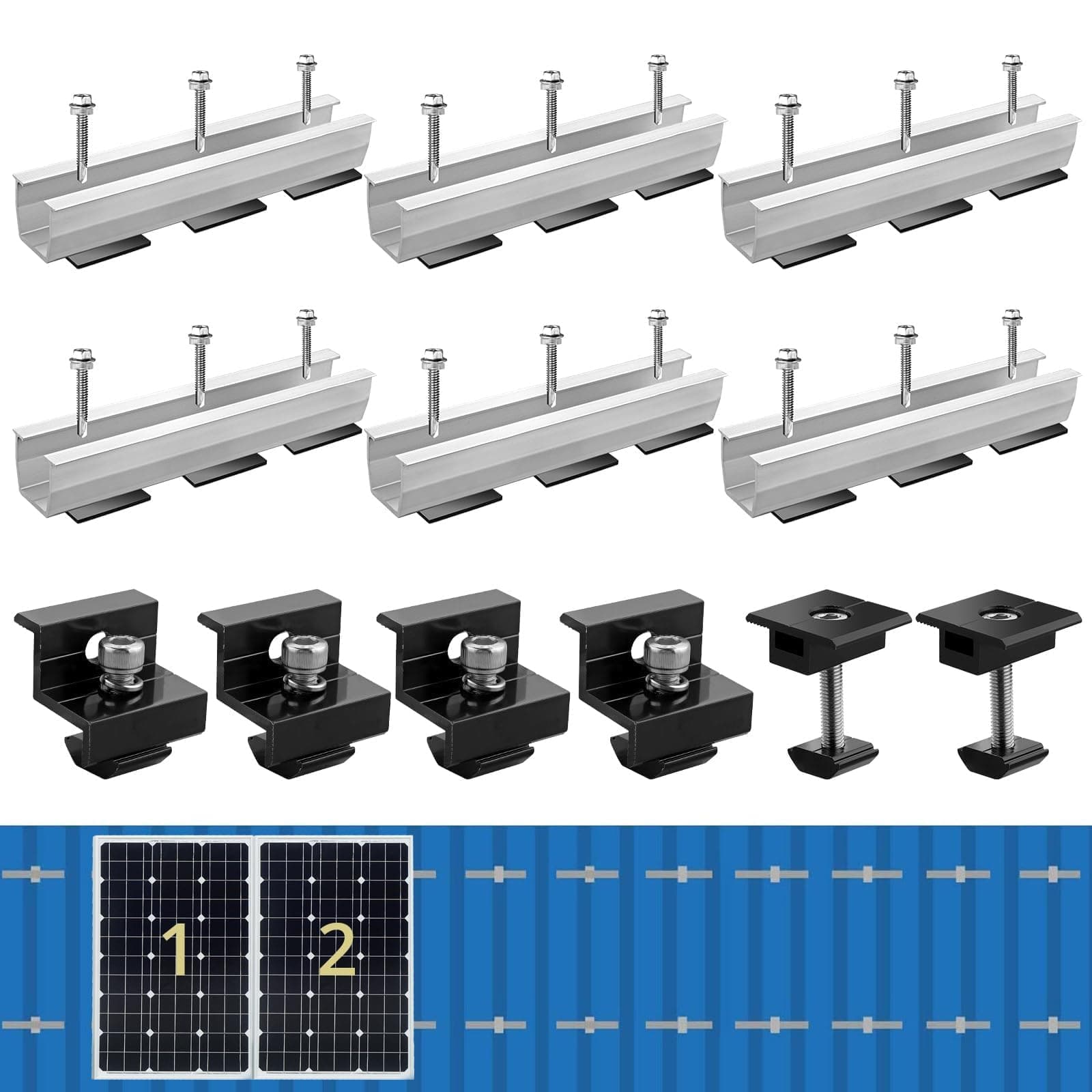 Anbte 6Pcs Solar Panel Bracket Kit, Aluminium Solar Panel Roof Mounting Kit 7.87" Mounting Rail 30mm/35mm Solar Panel Mounting Brackets for Metal Roof, Tin Roof, Flat Roof, Sheet Roof