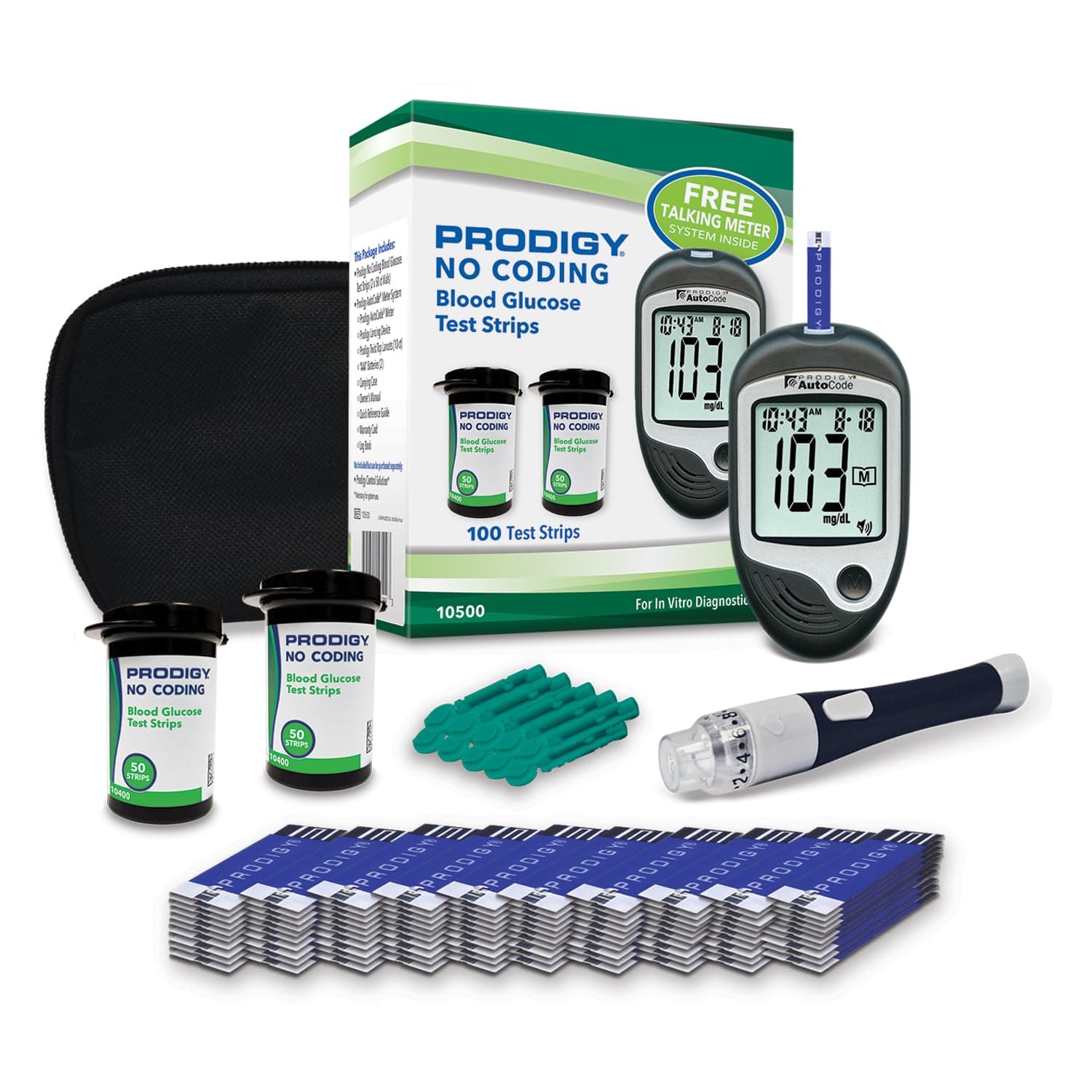10500 100ct Test Strips with AutoCode Talking Meter Starter Kit, PRODIGY AutoCode Blood Glucose Talking Meter, No Coding Blood Glucose Test Strips (2 vials of 50ct), Adjustable Depth Lancing Device, Twist Top Lancets 28G (10ct), Carrying Case, Quick Reference Guide, Owner's Manual