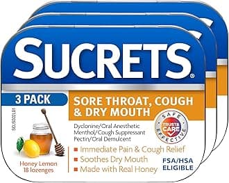 Sore Throat, Cough & Dry Mouth Lozenges, Honey Lemon, 18 Count, Pack of 3