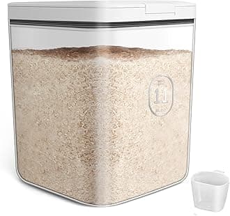 Rice Storage Container 10kg, Flour Container with Measuring Cup, Airtight Dry Food Storage Container 11 Litres, Kitchen Cereal Dispenser Plastic, Pantry Container for Pasta, Rice, Flour, Cereal
