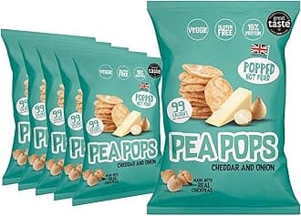 Food Factor Pea Pops Healthy Protein Chips - Delicious Chikpea Crisps 19% Protein Less Fat, Low Calorie, Gluten Free, Veggie Protein Snacks, Popped (Not Fried) 23g (Cheddar & Onion, Pack of 6)