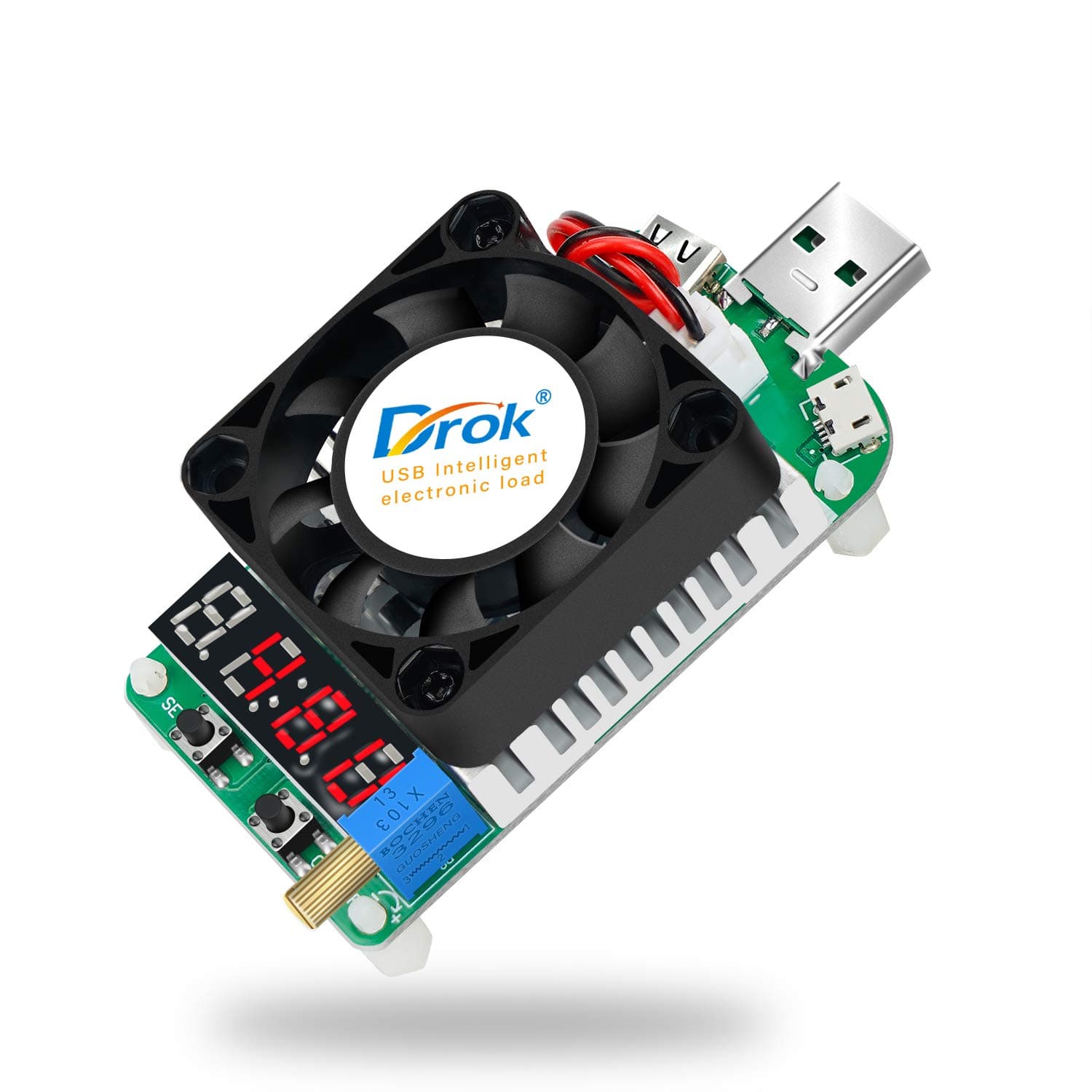 DROK USB Load Tester, Electronic Load Test Resistor Module 25W LD25 USB and Type C Interface Discharge Adjustable Constant Current 0.25A-4A Intelligent Temperature Control with Cooling Fan