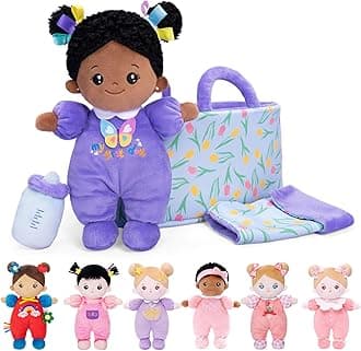 OUOZZZ Baby Soft Doll with Carrying Case and Doll Accessories Purple, 25cm African Soft Rag Doll Cuddly Doll for Children from 3 Months - Baby Gift for Birth Girls Boys