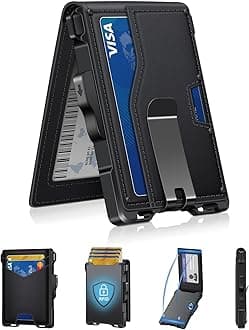 GHUKY Wallet for Men, Minimalist Slim Mens Wallet with Money Clip, RFID Blocking Smart Pop Up Card Wallet with ID Window, Compact Bifold Wallet,Metal Aluminum Credit Card Holder, Black, Minimalist