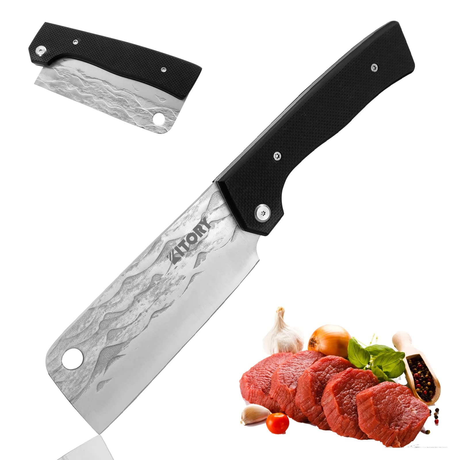 Folding Chef knife, Foldable Meat Cleaver kitchen Knife with Forged HC Steel Blade, portable chopper, camping BBQ Outdoor
