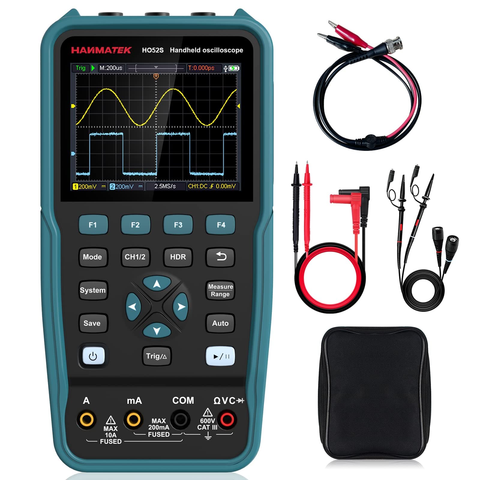 HANMATEK 3 in 1 Handheld Oscilloscope Multimeter with 2 Channels HO52S 3.5"TFT Oscilloscop, 50Mhz Waveform Generator Multimeter Backlit Screen, Auto-Calibration Function, Memory Function, Multi Tester