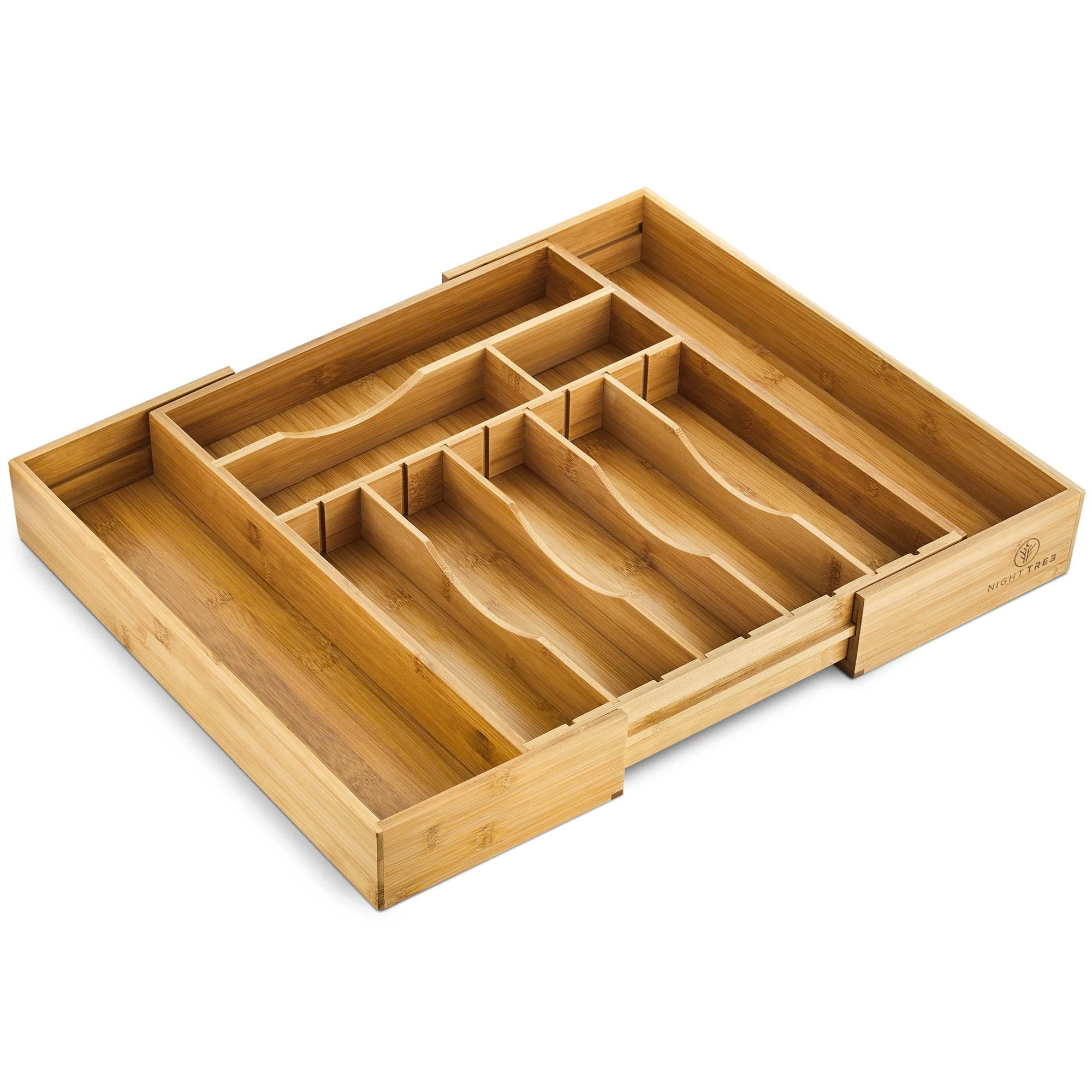 Night Tree 2.5” Extra Deep Silverware Drawer Organizer with Adjustable Dividers – Expandable Bamboo Flatware Tray for Kitchen, Reinforced Wood Cutlery Holder (14"-21.6" Wide)