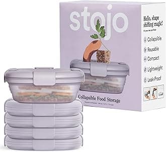STOJO Collapsible Sandwich Box – 24oz, Reusable Food Storage Container, Silicone Bowl for Hot/Cold Food – Meal Prep, Lunch, Camping, Hiking – Dishwasher Safe (Translucent Lilac, Set of 5)