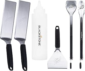 5464 Griddle Tool Kit Outdoor Indoor Grill BBQ Utensils Cooking Accessories-Heat Resistant– 2 Long Spatulas, 2 Angled Scraper Classic Tong, 1 (32oz) Squeeze Bottle, Black, Silver, White