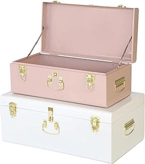 Vixdonos Metal Trunk Decorative Storage Box Set of 2 College Dorm Chest with Handle (Pink and White)