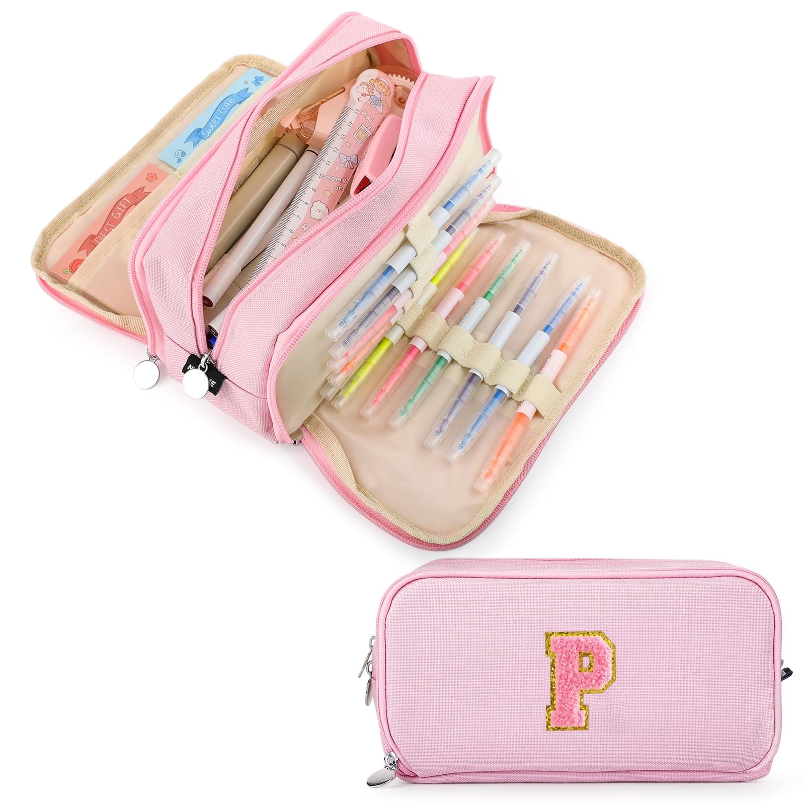 Extra Large Capacity Pencil Case 3 Compartment Initial Pencil Pouch Personalized Cute Aesthetic Stationery Pen Case Bag for School Teen Girl Boy Men Women Gift (P, Pink)