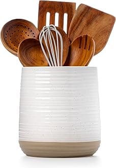 6.8" Large Ceramic Kitchen Utensil Holder - Utensil Holder for Kitchen Counter, Modern Farmhouse Style Holder for Spoons, Spatulas & Cooking Tools (White)