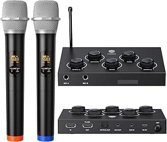 DIGITNOW!Portable Karaoke Wireless Microphone Mixer System Set, with Dual UHF Cordless Mic,HDMI-ARC/Optical/AUX & HDMI In/Out in Singing Receiver for Smart TV, PC,KTV,Home Theater,Amplifier, Speaker