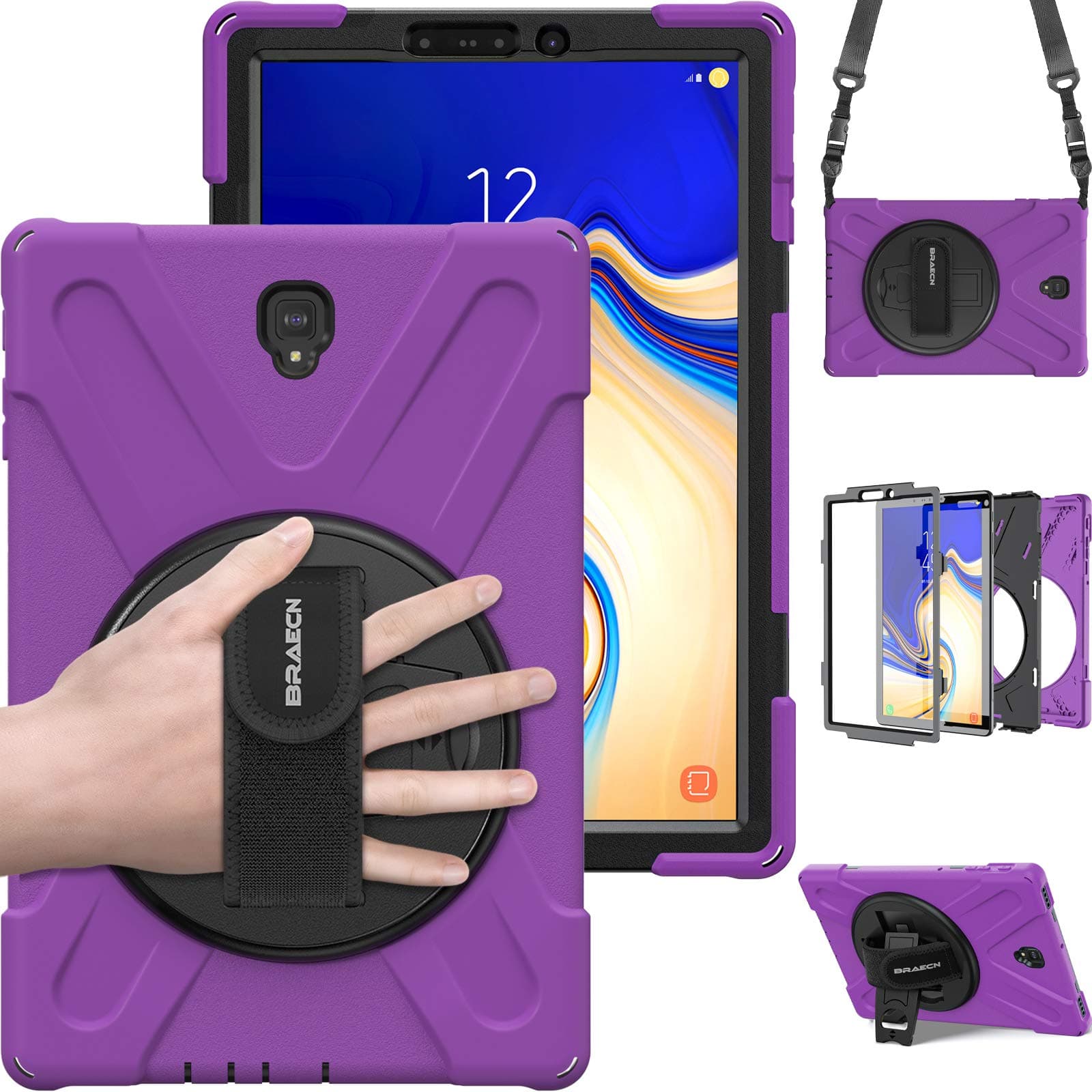 for Galaxy Tab S4 10.5 Tablet Case, BRAECN Three Layer Hybrid Shock-Proof Case with 360 Degree Rotating Kickstand,Hand Strap,Shoulder Strap for Samsung Galaxy Tab S4 SM-T837/T835/T830(Purple)