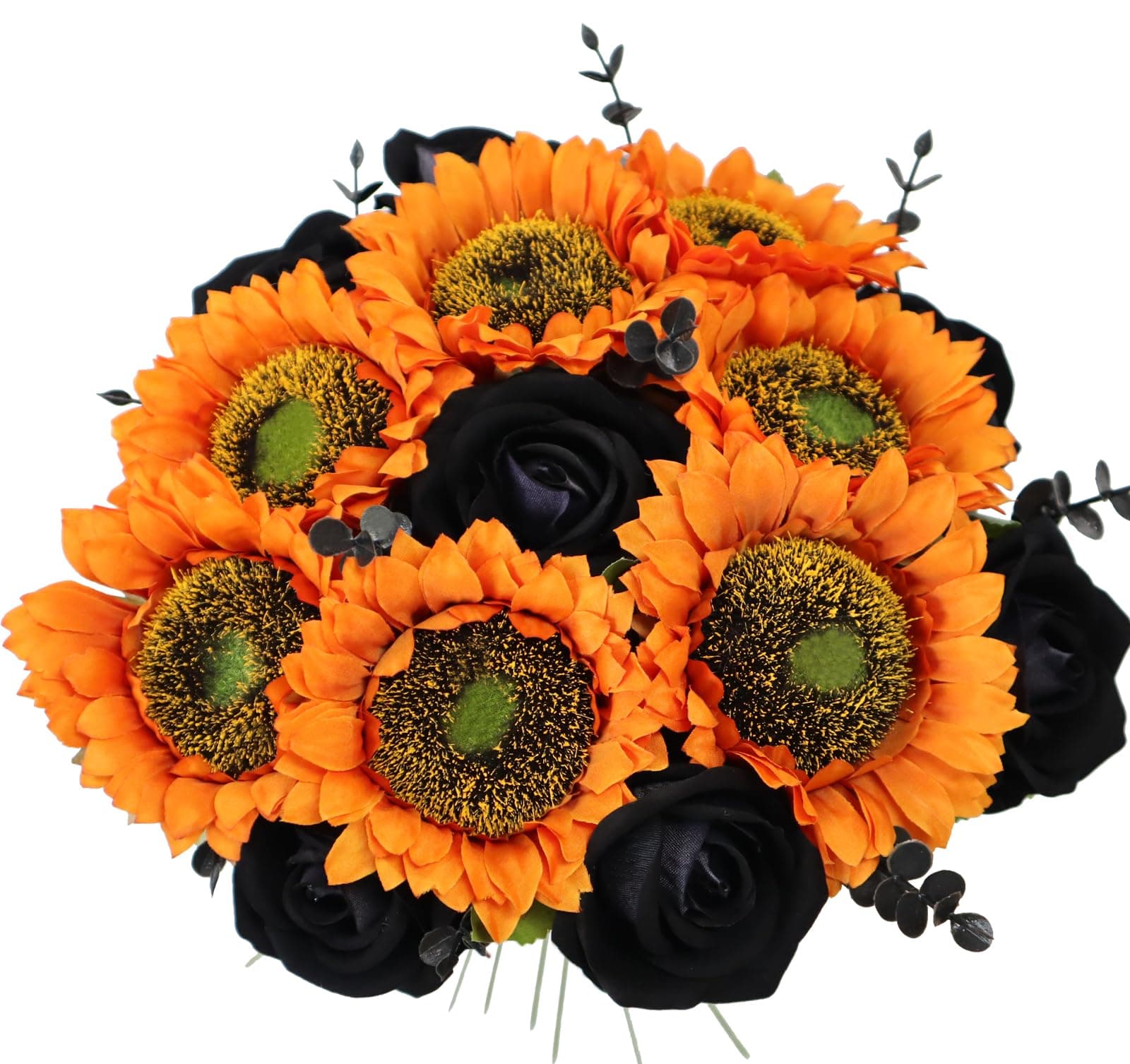 24PCS Fake Rustic Combination Flowers Artificial Black Long Single Stem Flowers Include Fall Orange Sunflowers Black Roses and Eucalyptus Stems for Halloween Home Party Decoration