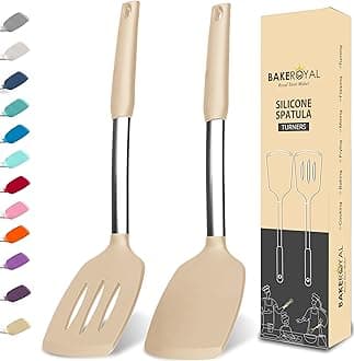 BakeRoyal Silicone Spatula Set - Turner Spatulas Silicone Heat Resistant 600°F - Slotted & Solid Silicone Spatulas for Cooking Fish, Eggs, Pancakes Flipper – Silicone Cooking Utensils Set – Beige