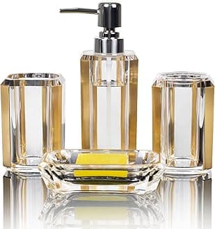 4-Piece Bathroom Accessories Set, Premium Brushed Acrylic, Soap Dispenser & Lotion Pump, Soap Dish, Mouthwash Cup and Toothbrush Holder, Brushed Gold Vanity Countertop Organizer