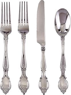 BAROQUE COLLECTION DISPOSABLE SILVERWARE SET | Heavy Duty Plastic Cutlery | 96 pc Set | 48 Forks, 24 Knives and 24 Spoons | for Upscale Wedding and Dining (Silver)