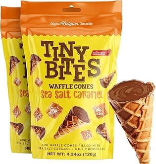 BEEMAX Tiny Bites Sea Salt Caramel Mini Waffle Cones, Blend of Crispy Golden & Belgian Milk Chocolate Bliss, Bite-Size Snack for Dessert or Ice Cream Toppings, 4.24 oz Bag, 2-Pack