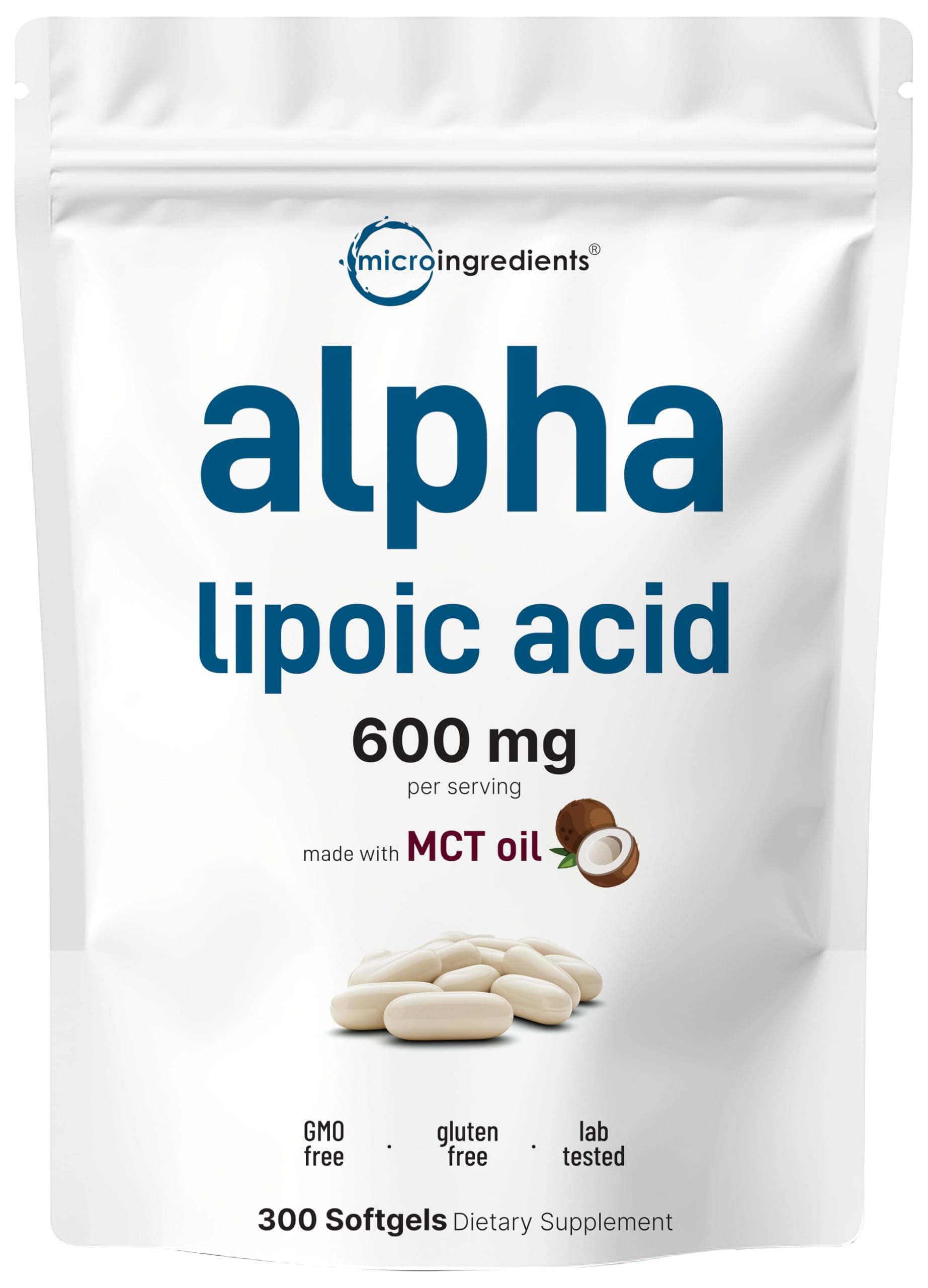 Micro Ingredients Alpha Lipoic Acid 600mg with MCT Oil, 300 Softgels | ALA Supplement for Liver, Antioxidants, Nerve, Cardiovascular Health Support | Non-GMO, Gluten-Free, Soy-Free