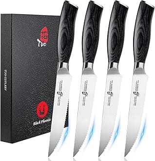 TUO Steak Knife Set 4pcs, Serrated Steak Knife 5 inch Beef, Dinner Table Knife Razor Sharp, German HC Stainless Steel Ergonomic Pakkawood Handle Gift Box, Fiery Phoenix Series - Black