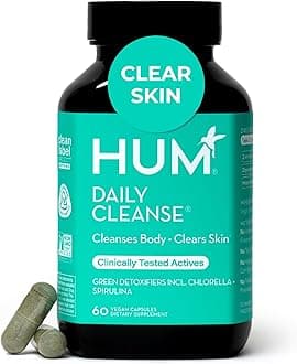 HUM Daily Cleanse Acne Supplements for Women & Men, Gentle Digestive Cleanse for Clear Skin Support, Zinc, Spirulina, Chlorella, Detoxifying Herbs, Organic Algae, Skin Vitamins Supplement, 60 Capsules