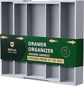 - ROYAL CRAFT WOOD Luxury Bamboo Kitchen Drawer Organizer - Silverware Organizer - Utensil Holder and Cutlery Tray with Grooved Drawer Dividers for Flatware and Kitchen Utensils (5 Slot, Gray)